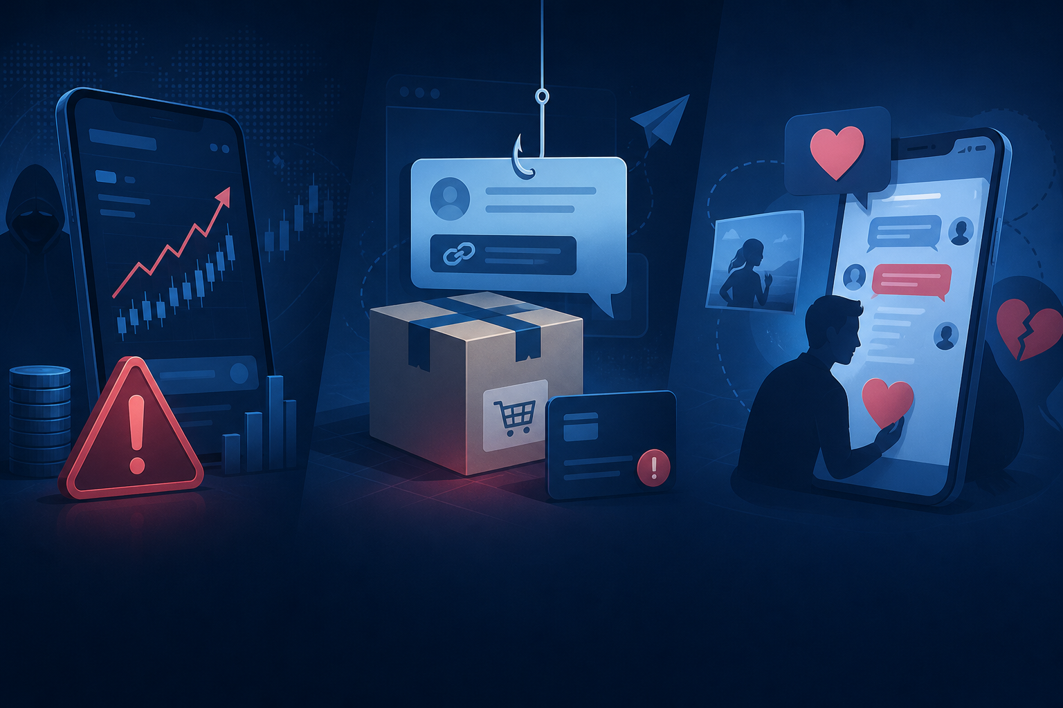 Illustration des arnaques à l'investissement, phishing et arnaques sentimentales